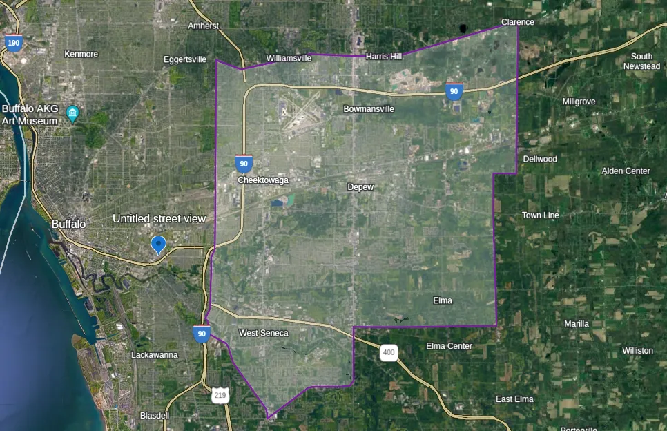 West Seneca, Cheektowaga, Amherst, Williamsville, Depew, Lancaster, and Elma.